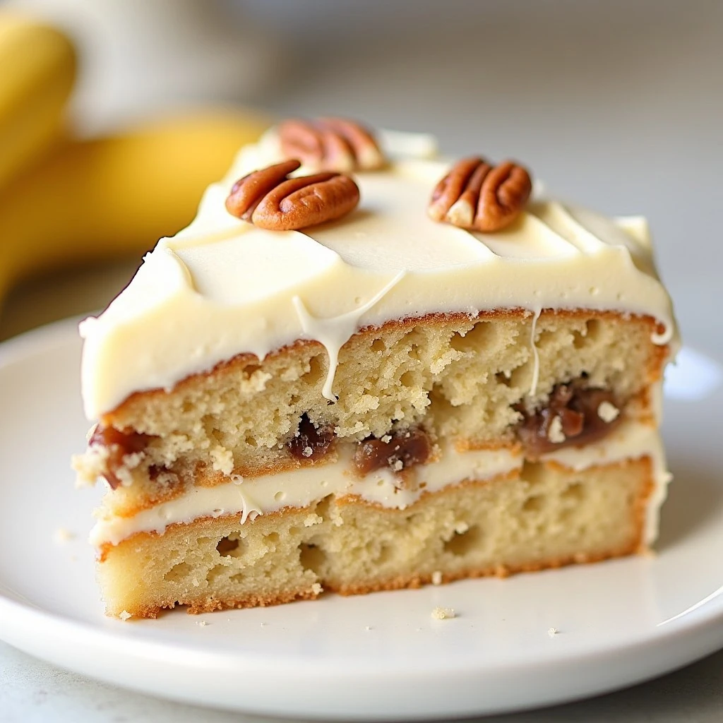 A slice of hummingbird cake with cream cheese frosting and pecans