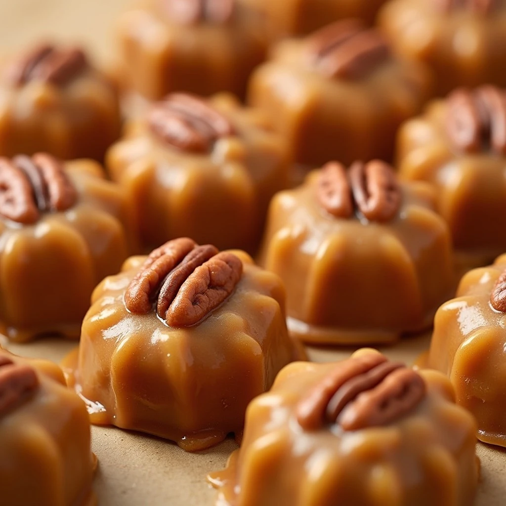 New Orleans pralines with pecans on a wooden table