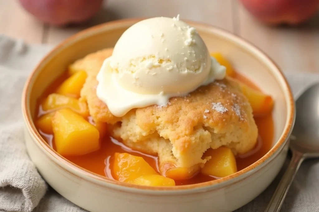 Peach cobbler made with canned peaches, served in a baking dish